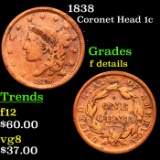 1838 Coronet Head Large Cent 1c Grades f details