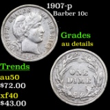 1907-p Barber Dime 10c Grades AU Details