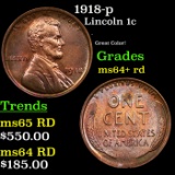 1918-p Lincoln Cent 1c Grades Choice+ Unc RD
