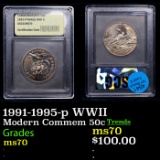 1991-1995-p WWII Modern Commem Half Dollar 50c Graded ms70, Perfection BY USCG