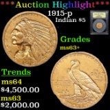 ***Auction Highlight*** 1915-p Gold Indian Half Eagle $5 Graded Select+ Unc By USCG (fc)