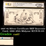 PCGS 1897 $2 Silver Certificate BEP Souvenir Card, 1990 ANA Midyear SCCS B-135 Graded cu67 By PCGS