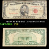 1953A $5 Red Seal Fancy Serial United States Note Grades f, fine