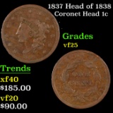 1837 Head of 1838 Coronet Head Large Cent 1c Grades vf+