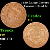 1830 Large Letters Coronet Head Large Cent 1c Grades f, fine