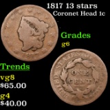 1817 13 stars Coronet Head Large Cent 1c Grades g+