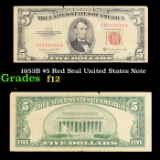 1953B $5 Red Seal Fancy Serial United States Note Grades f, fine