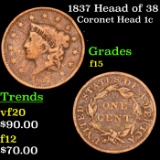 1837 Heaad of 38 Coronet Head Large Cent 1c Grades f+