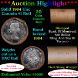 ***Auction Highlight*** Full $20 Bank of Montreal Roll of Solid Date Silver 1964 Canadian Dollar wit