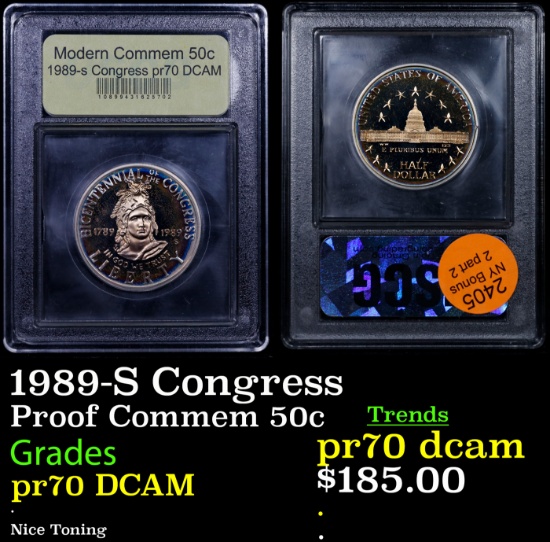 Proof 1989-S Congress Modern Commem Half Dollar 50c Graded GEM++ Proof Deep Cameo By USCG