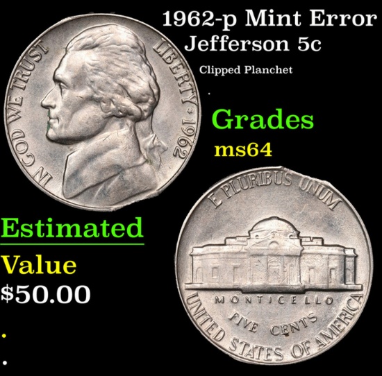1962-p Jefferson Nickel Mint Error 5c Grades Choice Unc