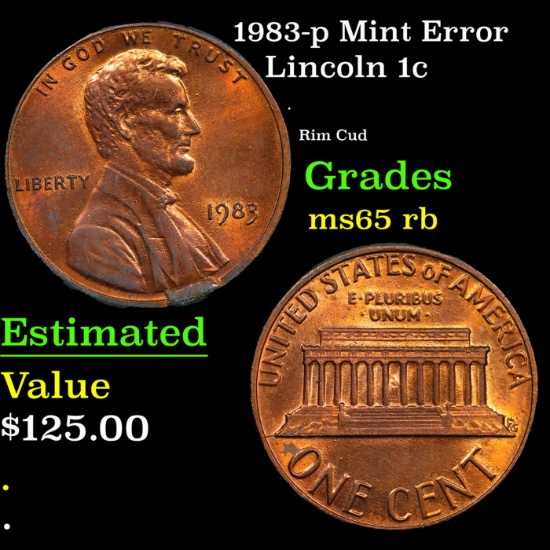 1983-p Lincoln Cent Mint Error 1c Grades GEM Unc RB