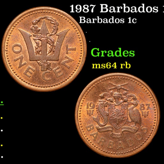 1987 Barbados 1 Cent 1c KM-10 Grades Choice Unc RB