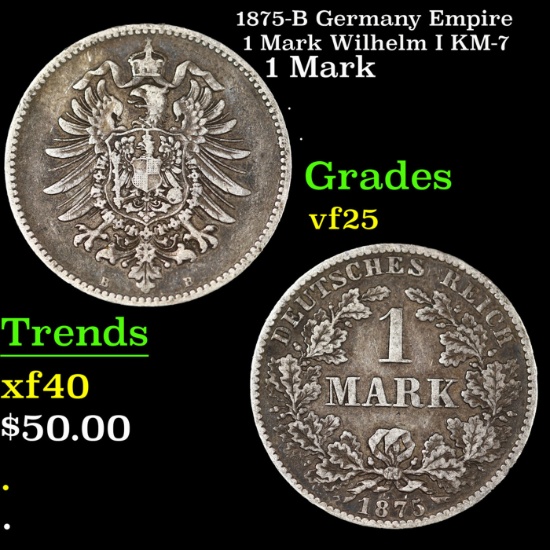 1875-B Germany Empire 1 Mark Wilhelm I KM-7 Grades vf+