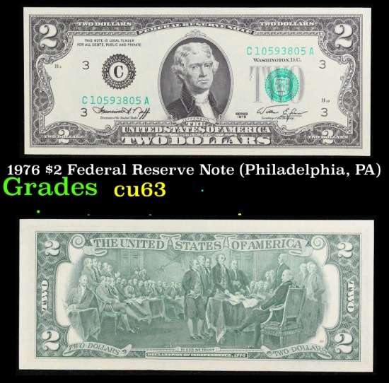 1976 $2 Federal Reserve Note (Philadelphia, PA) Grades Select CU