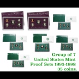 Group of 7 United States Mint Proof Sets 1992-1998 35 coins.