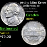 1945-p Jefferson Nickel Mint Error 5c Grades Choice Unc