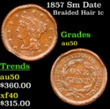 1857 Sm Date Braided Hair Large Cent 1c Grades AU, Almost Unc