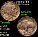 1913-p TY I Buffalo Nickel 5c Grades Select Unc