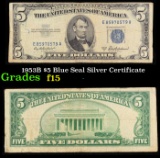 1953B $5 Blue Seal Silver Certificate Grades f+