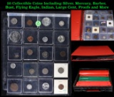 20 Collectible Coins Including Silver, Mercury, Barber, Bust, Flying Eagle, Indian, Large Cent, Proo