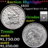 ***Auction Highlight*** 1833 Capped Bust Half Dime 1/2 10c Graded ms63+ By SEGS (fc)