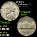 1942-p Jefferson Nickel 5c Grades GEM+ Unc