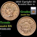 1855 Upright 55 Braided Hair Large Cent 1c Graded ms64 bn By SEGS