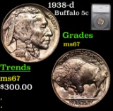 1938-d Buffalo Nickel 5c Graded ms67 By SEGS