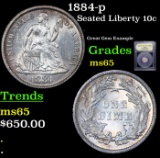 1884-p Seated Liberty Dime 10c Graded GEM Unc By USCG