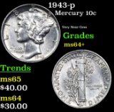 1943-p Mercury Dime 10c Grades Choice+ Unc