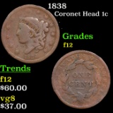 1838 Coronet Head Large Cent 1c Grades f, fine