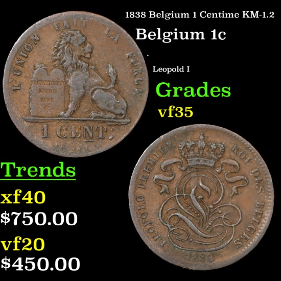 1838 Belgium 1 Centime KM-1.2 Grades vf++