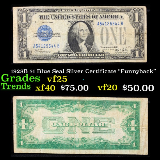 1928B $1 Blue Seal Silver Certificate "Funnyback" Grades vf+