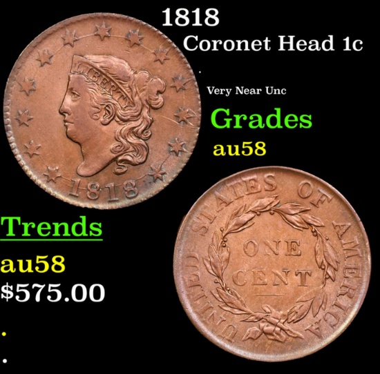 1818 Coronet Head Large Cent 1c Grades Choice AU/BU Slider