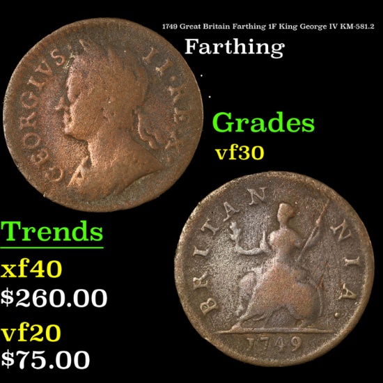 1749 Great Britain Farthing 1F King George IV KM-581.2 Grades vf++