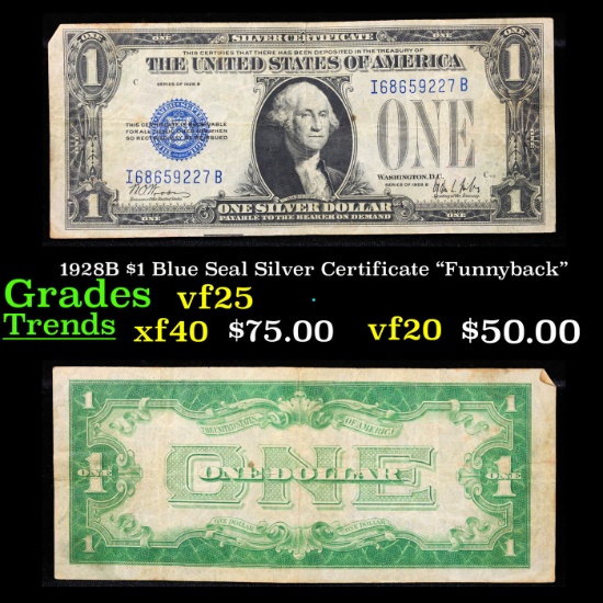 1928B $1 Blue Seal Silver Certificate "Funnyback" Grades vf+