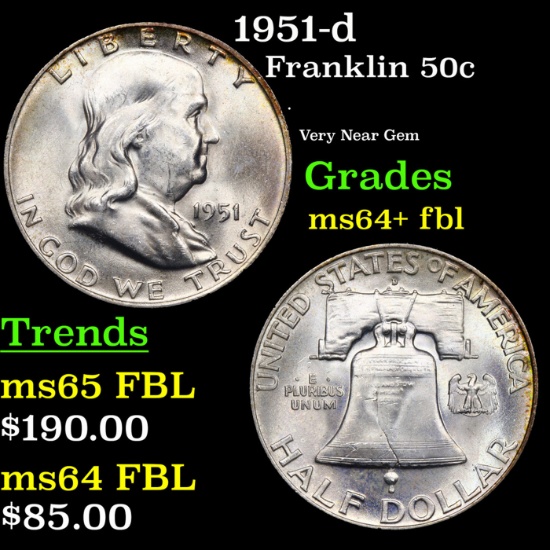 1951-d Franklin Half Dollar 50c Grades Choice Unc+ FBL