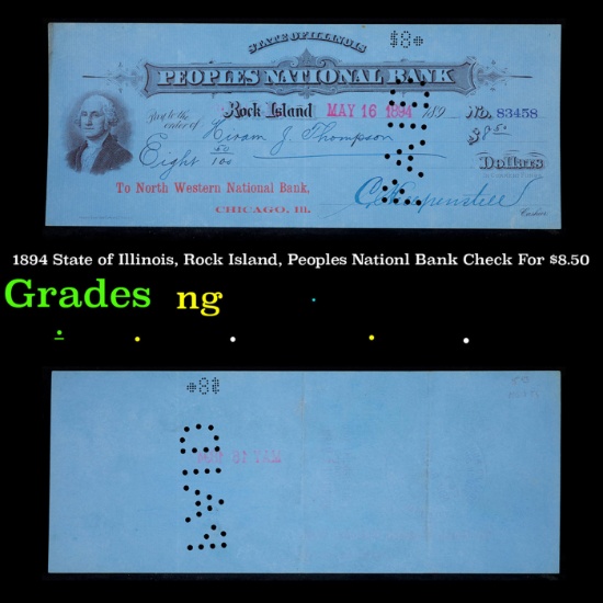 1894 State of Illinois, Rock Island, Peoples Nationl Bank Check For $8.50 Grades NG