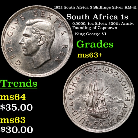 1952 South Africa 5 Shillings Silver KM-41 Grades Select+ Unc