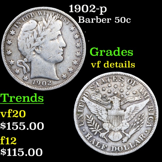 1902-p Barber Half Dollars 50c Grades vf details