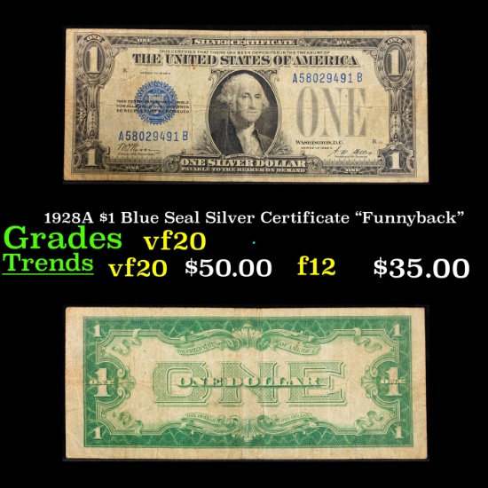 1928A $1 Blue Seal Silver Certificate "Funnyback" Grades vf, very fine