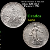 1918 France 2 Francs Silver KM-845.1 Grades Choice AU