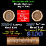 Mixed small cents 1c orig shotgun roll, 1916-d Wheat Cent, 1887 Indian Cent other end, Brinks Wrappe
