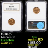 NGC 1918-p Lincoln Cent 1c Graded ms63 rd By NGC