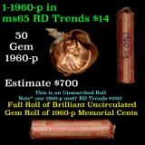 Lincoln 1c roll, 1960-p Large Date end 50 pcs Wrapper.