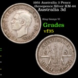 1951 Australia 3 Pence threepence Silver KM-44 Grades vf++