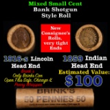 Mixed small cents 1c orig shotgun roll, 1916-s Wheat Cent, 1859 Indian Cent other end, Brinks Wrappe