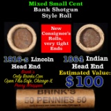 Mixed small cents 1c orig shotgun roll, 1916-s Wheat Cent, 1864 Indian Cent other end, Brinks Wrappe