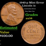 1940-p Lincoln Cent Mint Error 1c Grades Choice AU/BU Slider